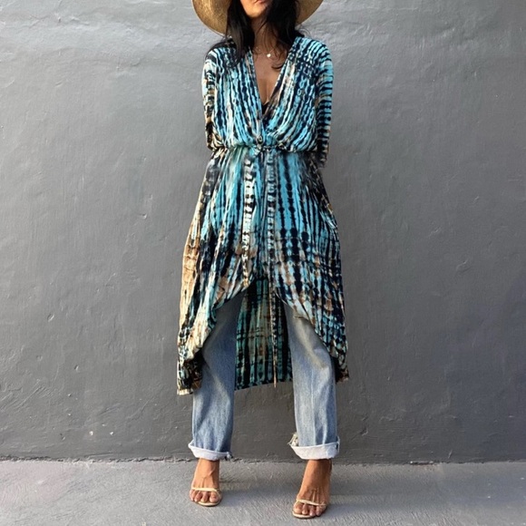 Tie Dye Boho Swim Coverup Kimono Wrap Casual Robe - Picture 2 of 10